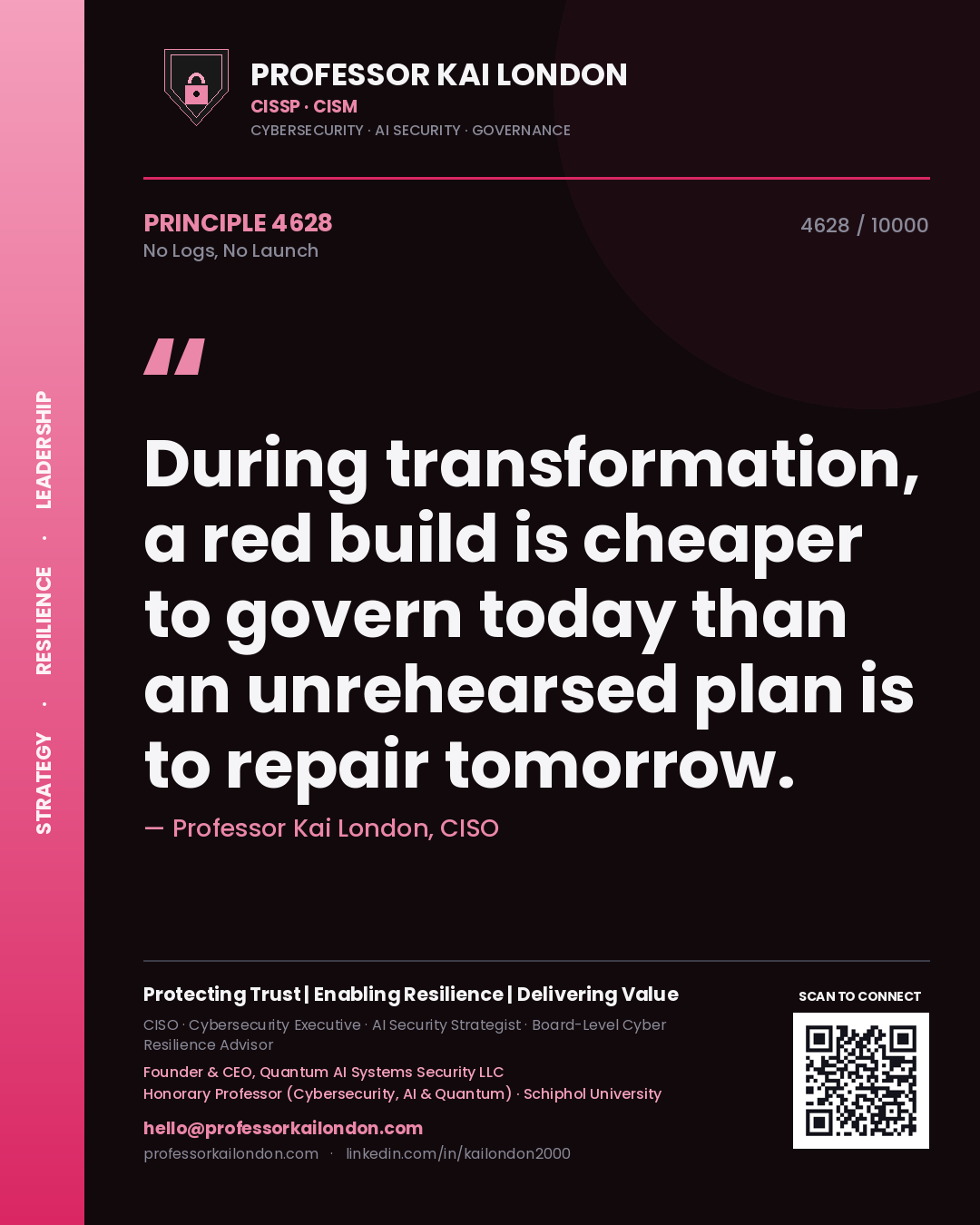 Quote card by Professor Kai London reading 'During transformation, a red build is cheaper to govern today than an unrehearsed plan is to repair tomorrow.'. From the book No Logs, No Launch.