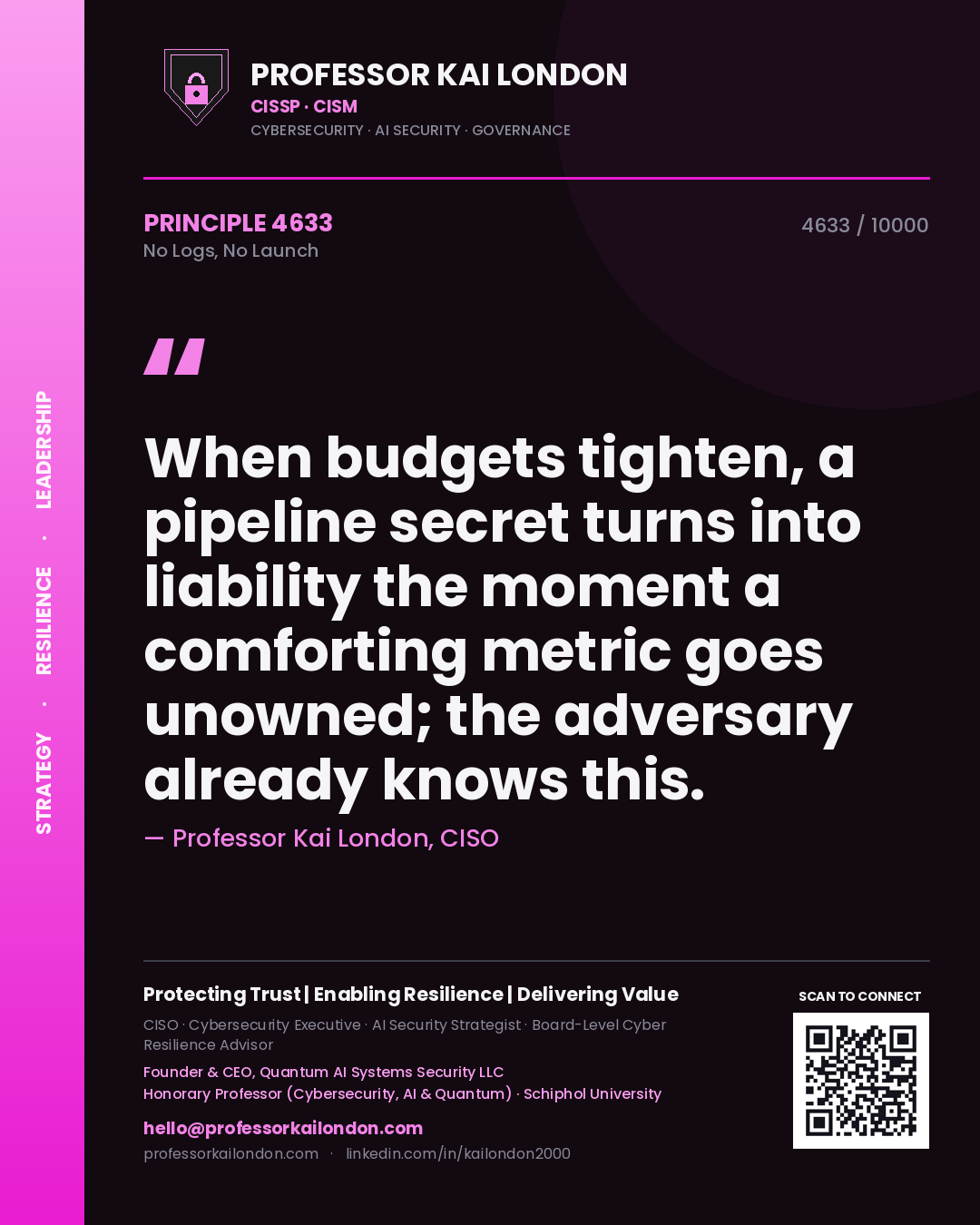 Professor Kai London principle 4633: When budgets tighten, a pipeline secret turns into liability the moment a comforting metric goes unowned; the adversary already knows this.