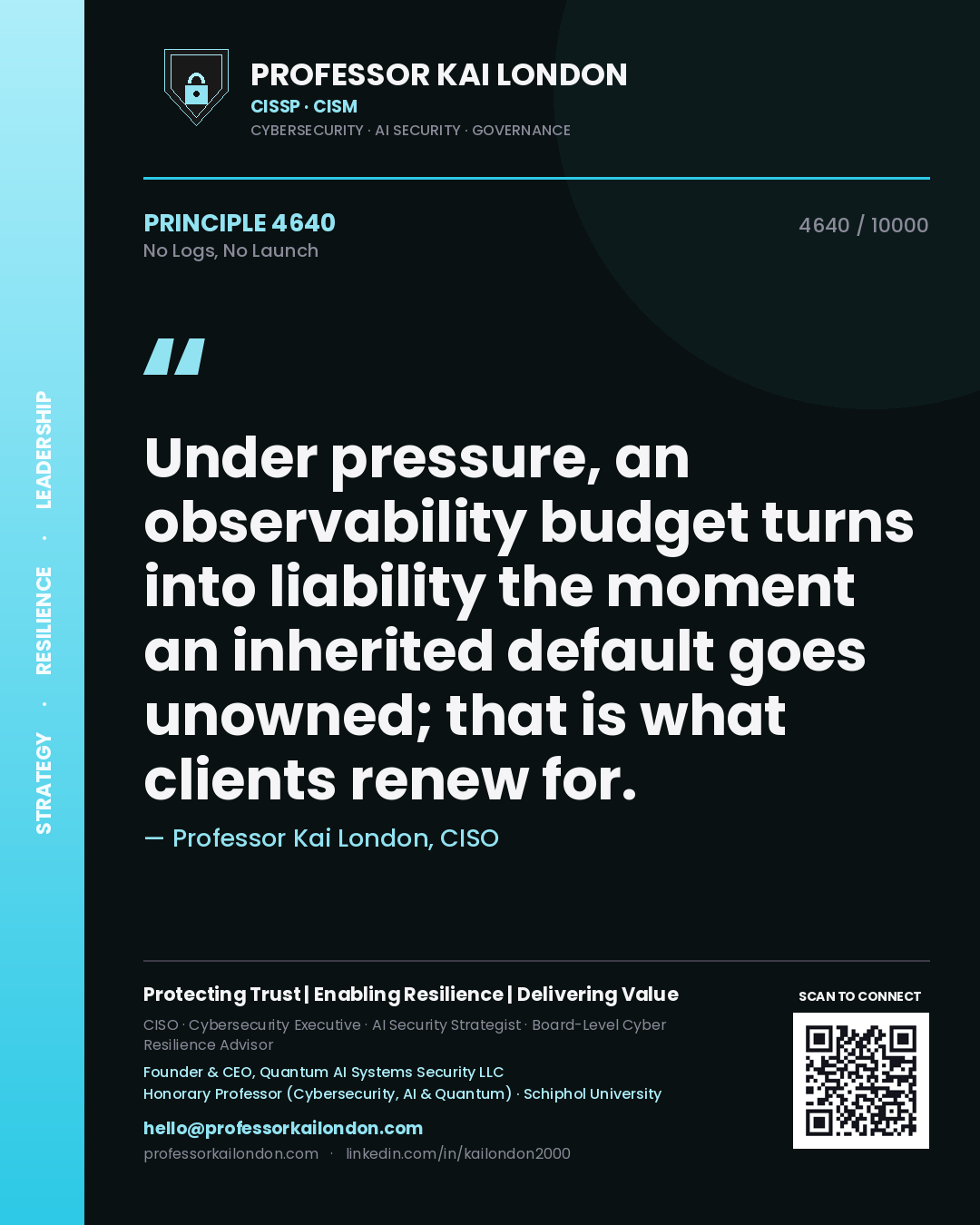 Professor Kai London principle 4640: Under pressure, an observability budget turns into liability the moment an inherited default goes unowned; that is what clients renew for.