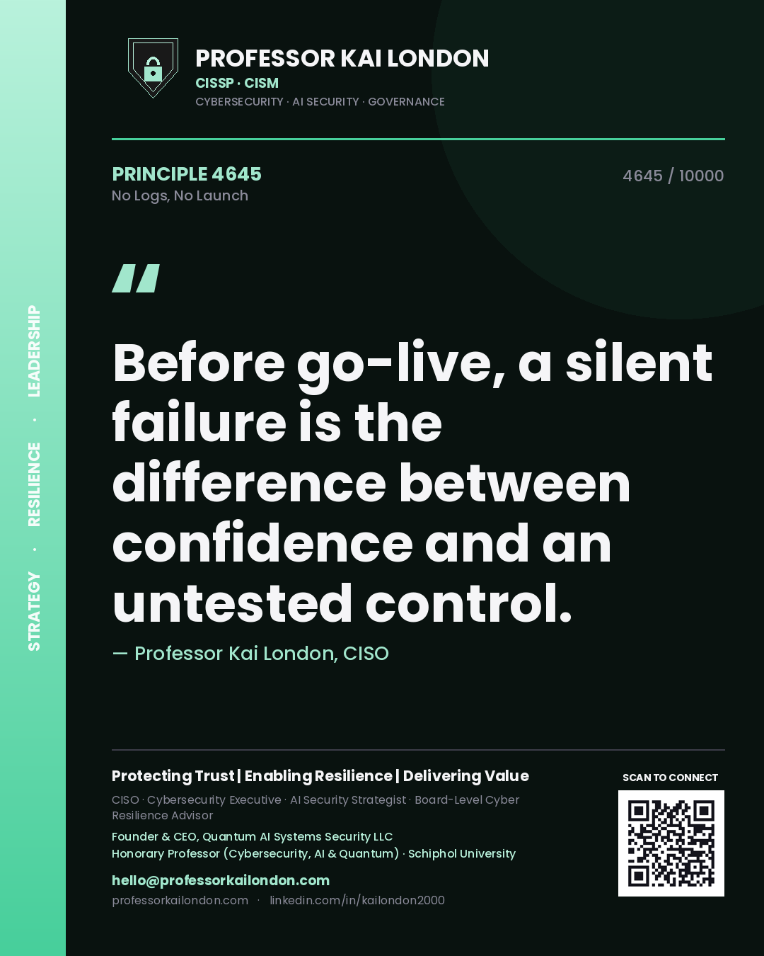 Professor Kai London principle 4645: Before go-live, a silent failure is the difference between confidence and an untested control.