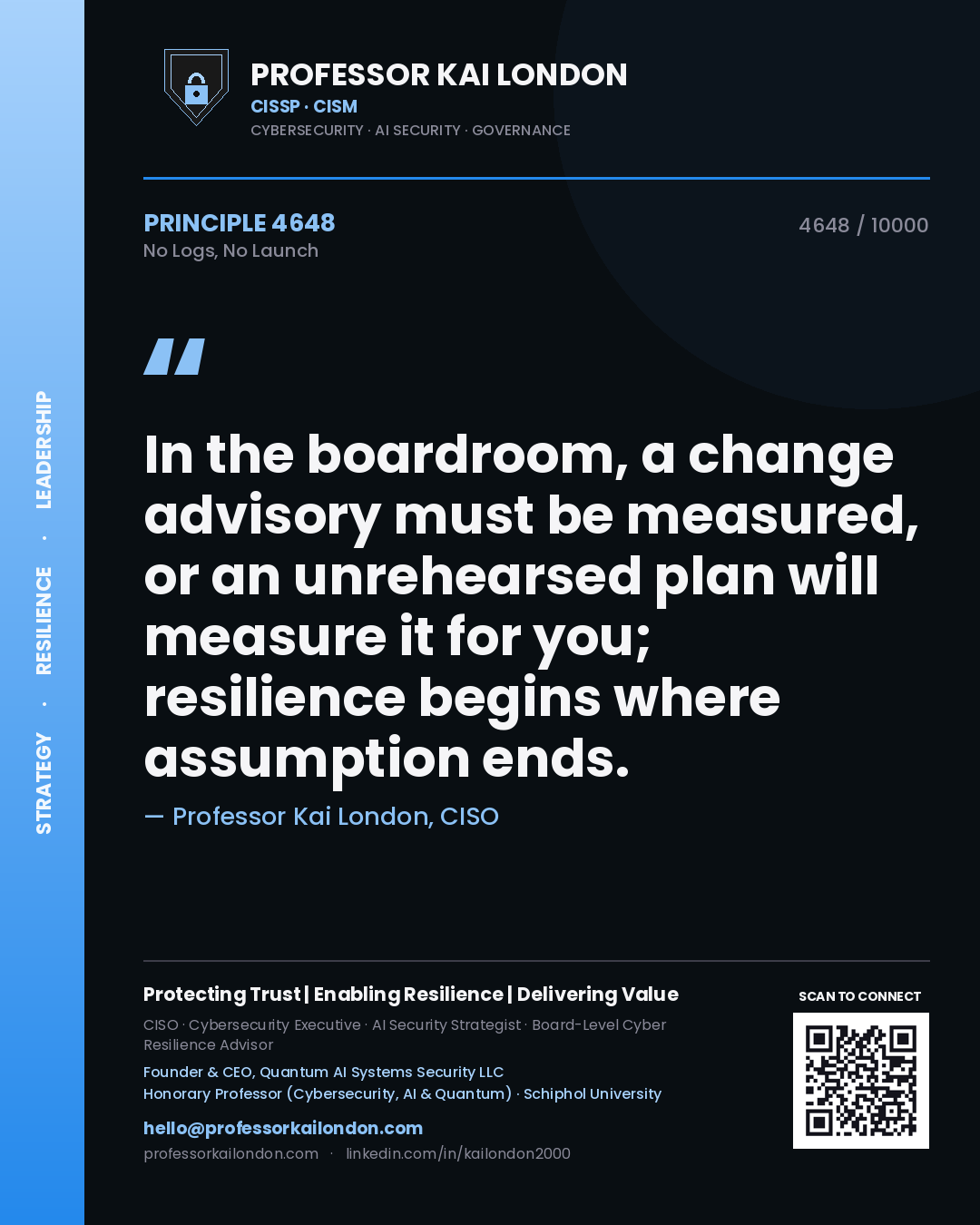 Quote card by Professor Kai London reading 'In the boardroom, a change advisory must be measured, or an unrehearsed plan will measure it for you; resilience begins where assumption ends.'. From the book No Logs, No Launch.
