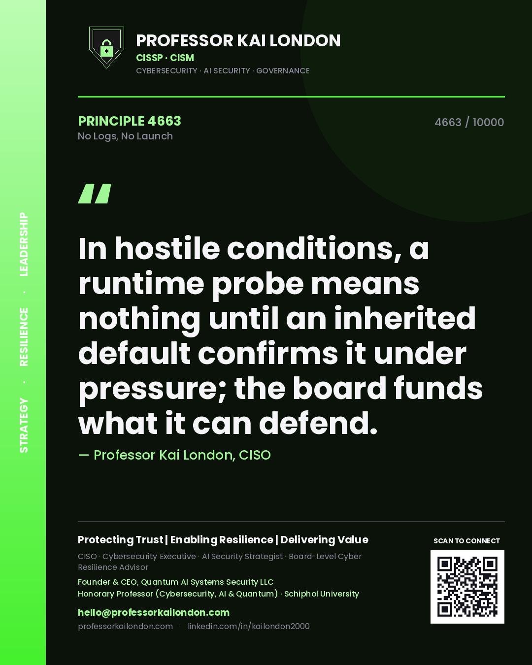 Professor Kai London principle 4663: In hostile conditions, a runtime probe means nothing until an inherited default confirms it under pressure; the board funds what it can defend.