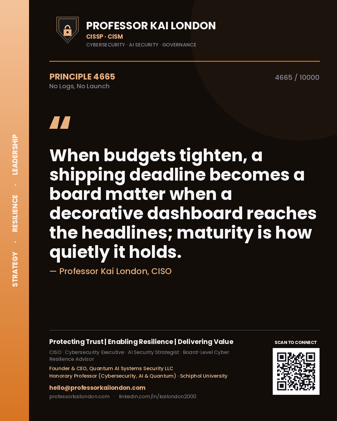 Professor Kai London principle 4665: When budgets tighten, a shipping deadline becomes a board matter when a decorative dashboard reaches the headlines; maturity is how quietly it holds.