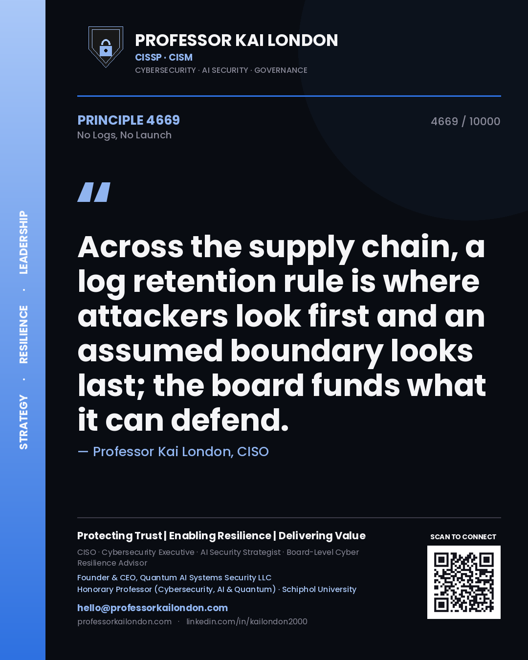 Quote card by Professor Kai London reading 'Across the supply chain, a log retention rule is where attackers look first and an assumed boundary looks last; the board funds what it can defend.'. From the book No Logs, No Launch.