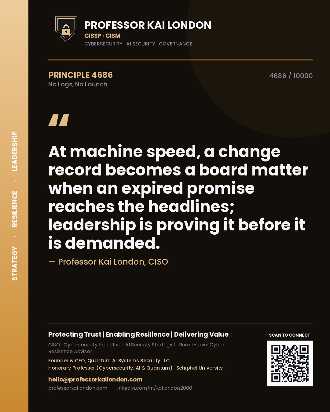 Professor Kai London principle 4686: At machine speed, a change record becomes a board matter when an expired promise reaches the headlines; leadership is proving it before it is demanded.