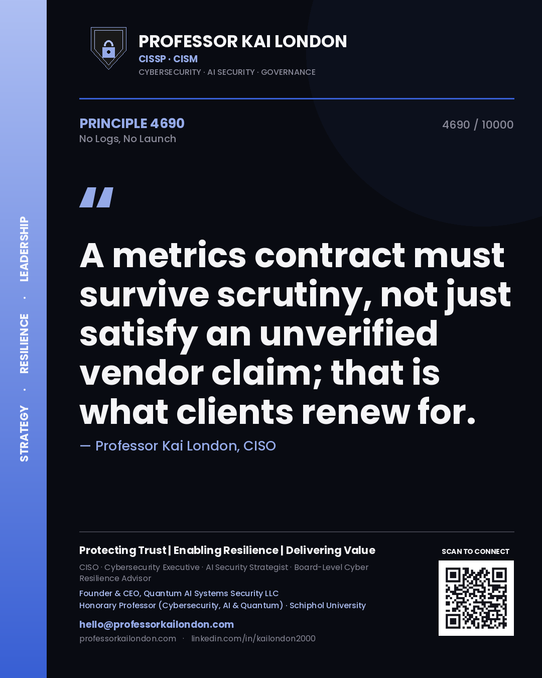 Professor Kai London principle 4690: A metrics contract must survive scrutiny, not just satisfy an unverified vendor claim; that is what clients renew for.