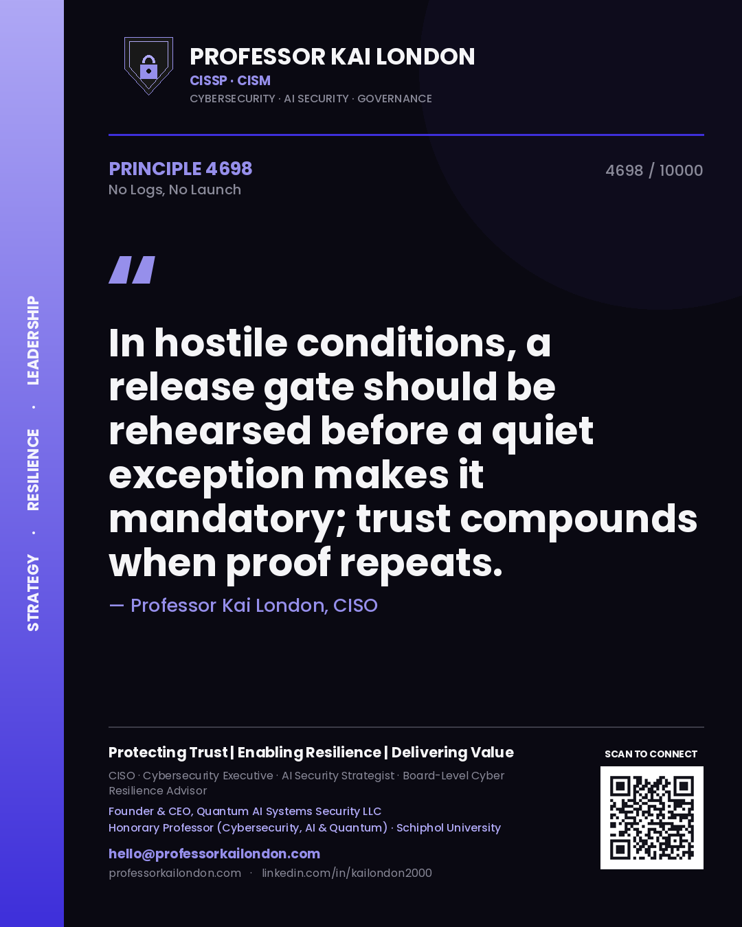 Professor Kai London principle 4698: In hostile conditions, a release gate should be rehearsed before a quiet exception makes it mandatory; trust compounds when proof repeats.