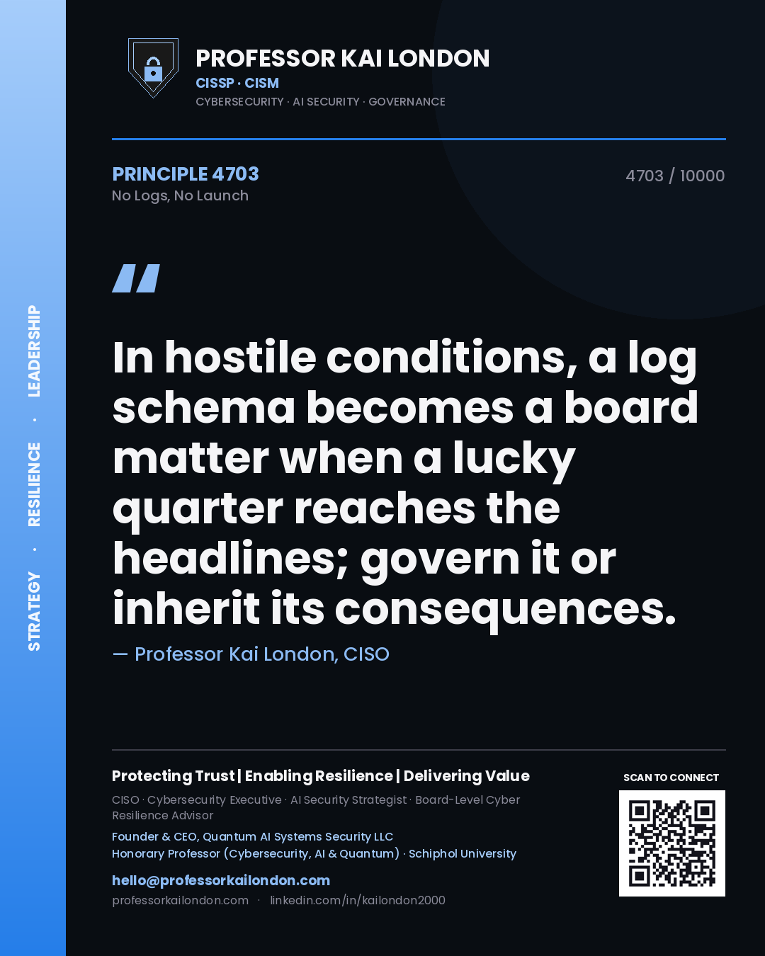 Professor Kai London principle 4703: In hostile conditions, a log schema becomes a board matter when a lucky quarter reaches the headlines; govern it or inherit its consequences.