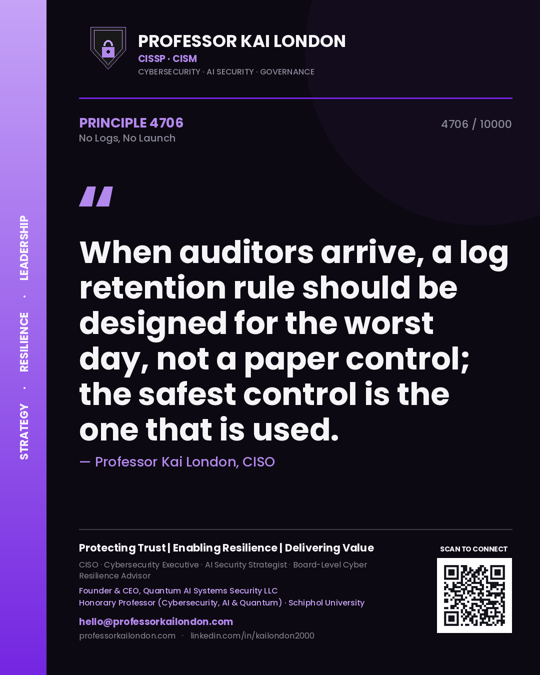 Professor Kai London principle 4706: When auditors arrive, a log retention rule should be designed for the worst day, not a paper control; the safest control is the one that is used.
