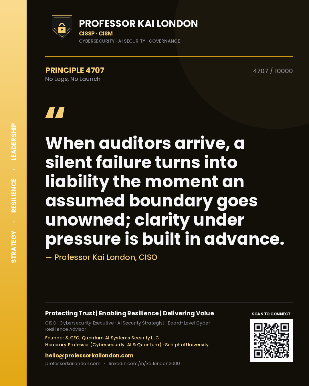 Quote card by Professor Kai London reading 'When auditors arrive, a silent failure turns into liability the moment an assumed boundary goes unowned; clarity under pressure is built in advance.'. From the book No Logs, No Launch.