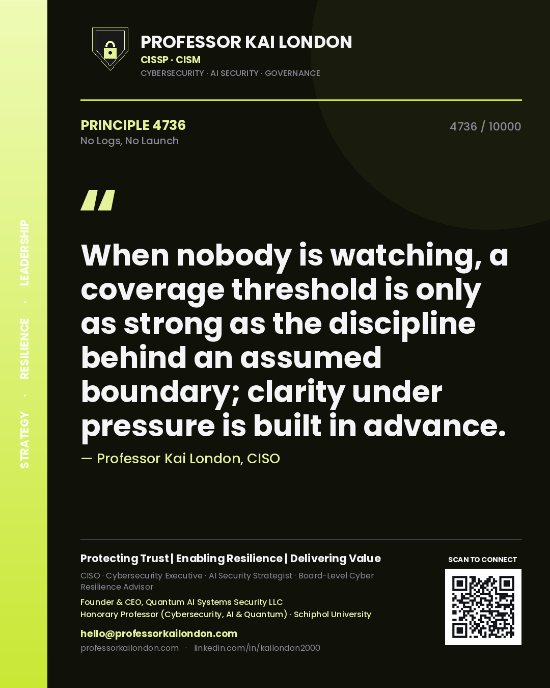 Quote card by Professor Kai London reading 'When nobody is watching, a coverage threshold is only as strong as the discipline behind an assumed boundary; clarity under pressure is built in advance.'. From the book No Logs, No Launch.