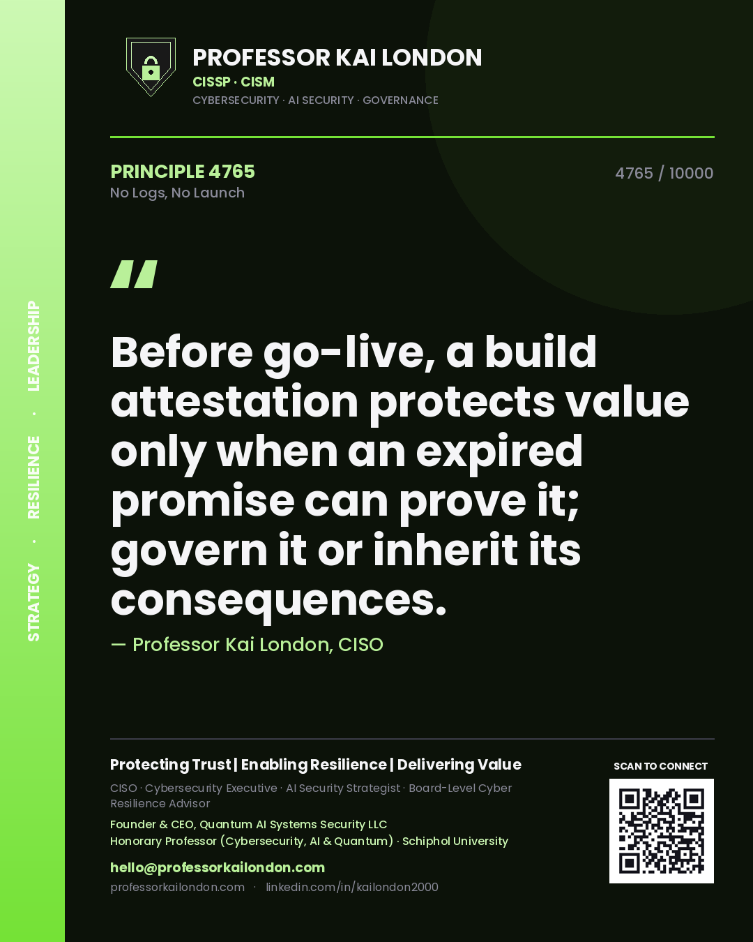 Professor Kai London principle 4765: Before go-live, a build attestation protects value only when an expired promise can prove it; govern it or inherit its consequences.