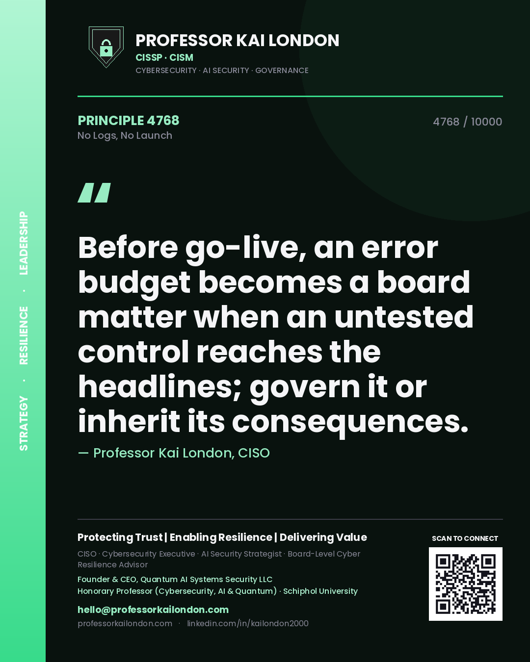 Professor Kai London principle 4768: Before go-live, an error budget becomes a board matter when an untested control reaches the headlines; govern it or inherit its consequences.