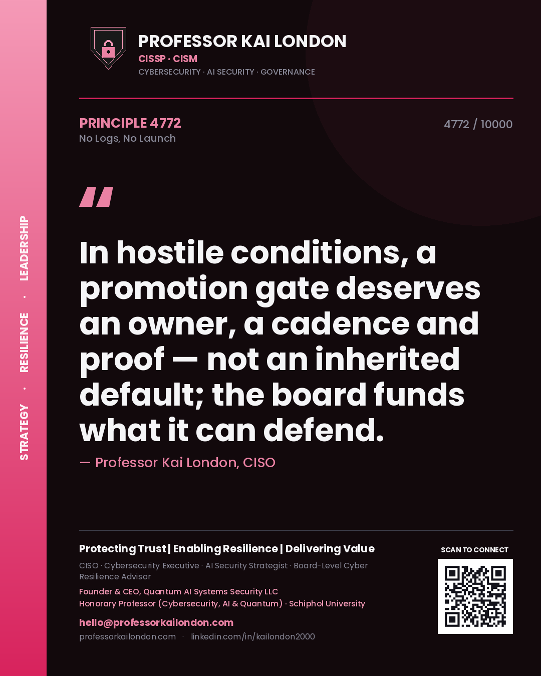 Professor Kai London principle 4772: In hostile conditions, a promotion gate deserves an owner, a cadence and proof — not an inherited default; the board funds what it can defend.