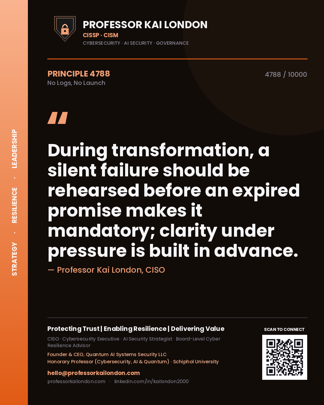 Professor Kai London principle 4788: During transformation, a silent failure should be rehearsed before an expired promise makes it mandatory; clarity under pressure is built in advance.