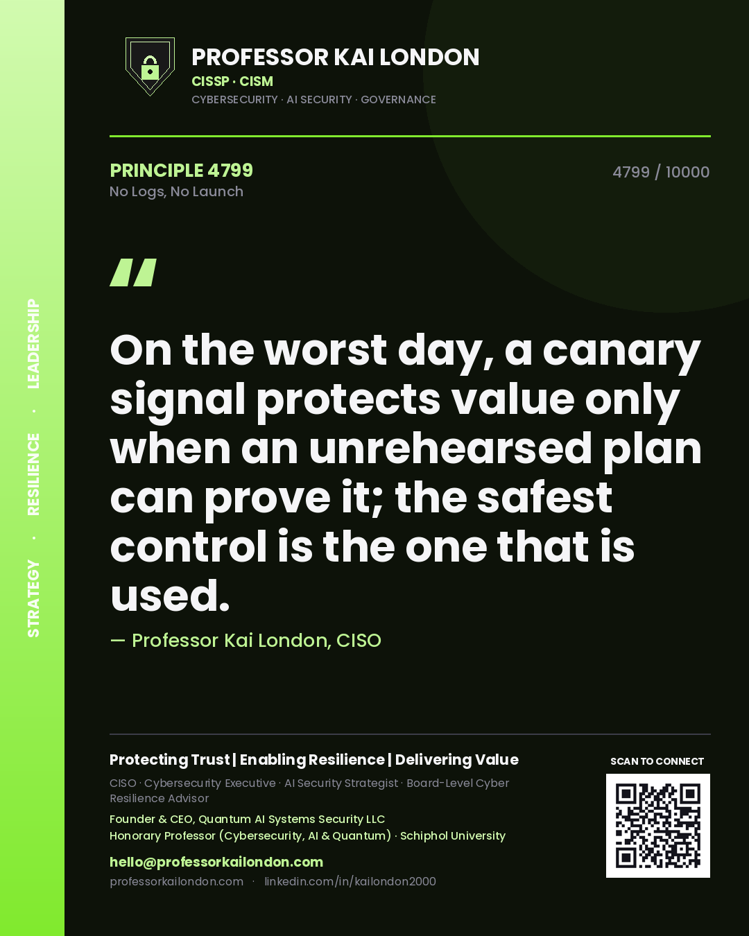 Professor Kai London principle 4799: On the worst day, a canary signal protects value only when an unrehearsed plan can prove it; the safest control is the one that is used.