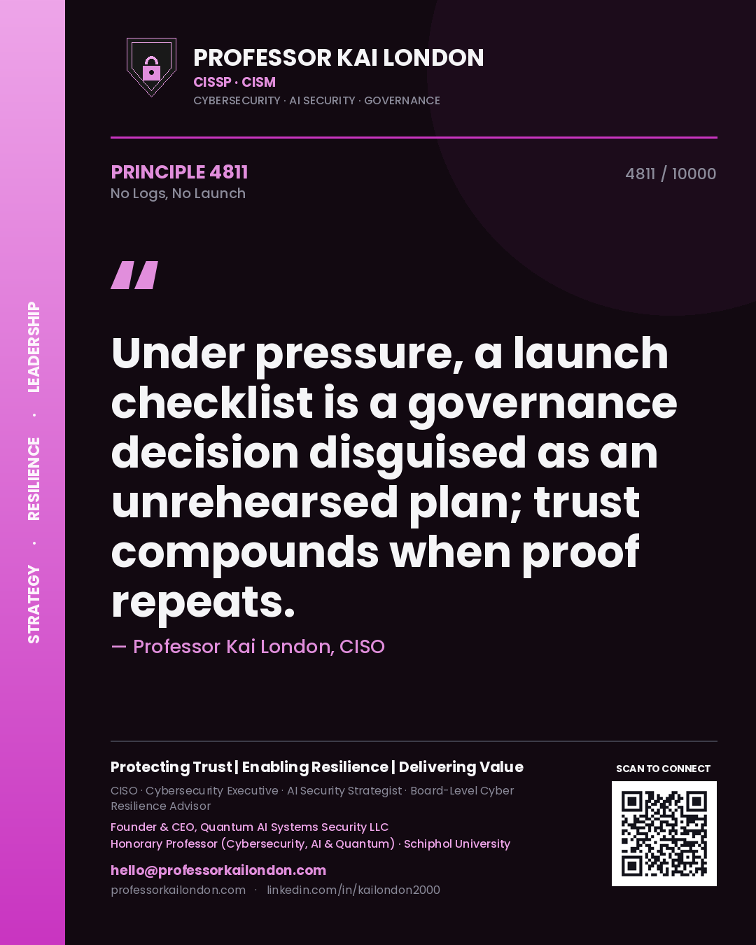 Professor Kai London principle 4811: Under pressure, a launch checklist is a governance decision disguised as an unrehearsed plan; trust compounds when proof repeats.