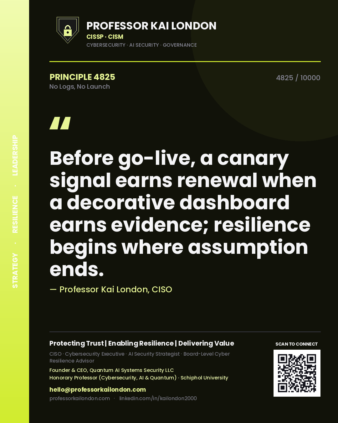 Professor Kai London principle 4825: Before go-live, a canary signal earns renewal when a decorative dashboard earns evidence; resilience begins where assumption ends.