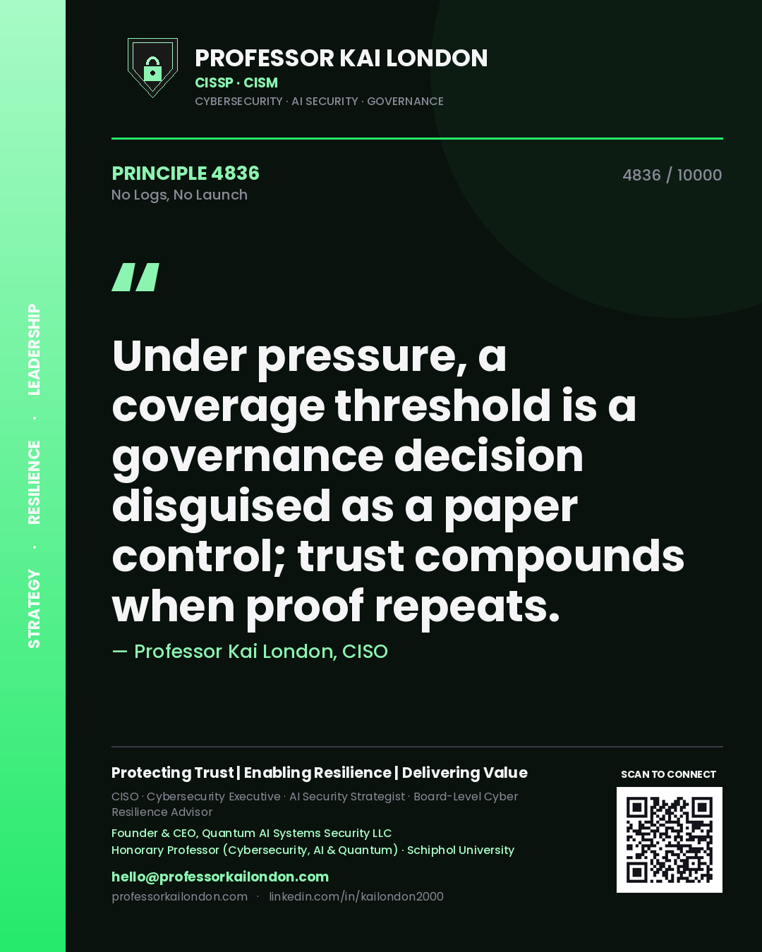 Quote card by Professor Kai London reading 'Under pressure, a coverage threshold is a governance decision disguised as a paper control; trust compounds when proof repeats.'. From the book No Logs, No Launch.