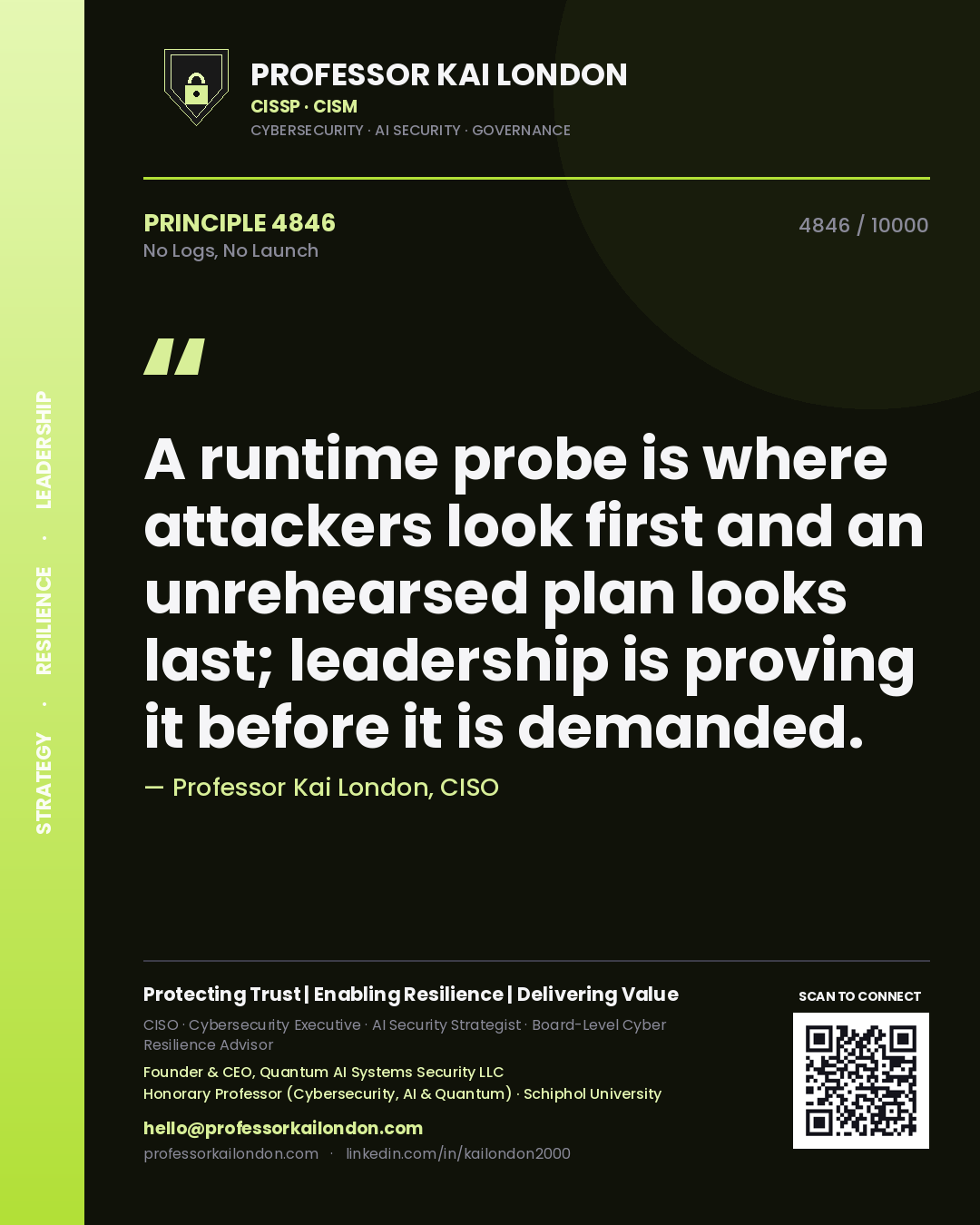 Quote card by Professor Kai London reading 'A runtime probe is where attackers look first and an unrehearsed plan looks last; leadership is proving it before it is demanded.'. From the book No Logs, No Launch.