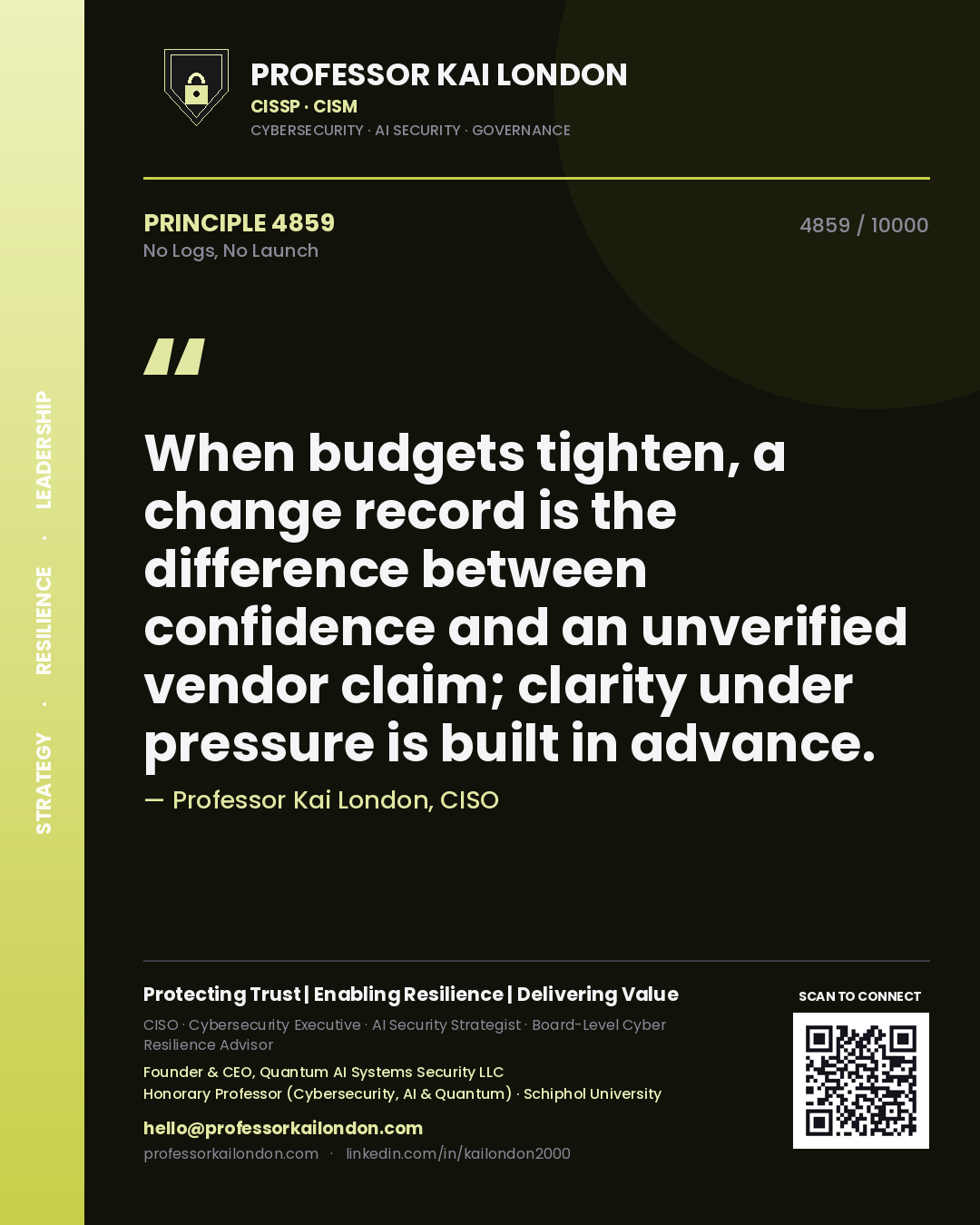 Professor Kai London principle 4859: When budgets tighten, a change record is the difference between confidence and an unverified vendor claim; clarity under pressure is built in advance.