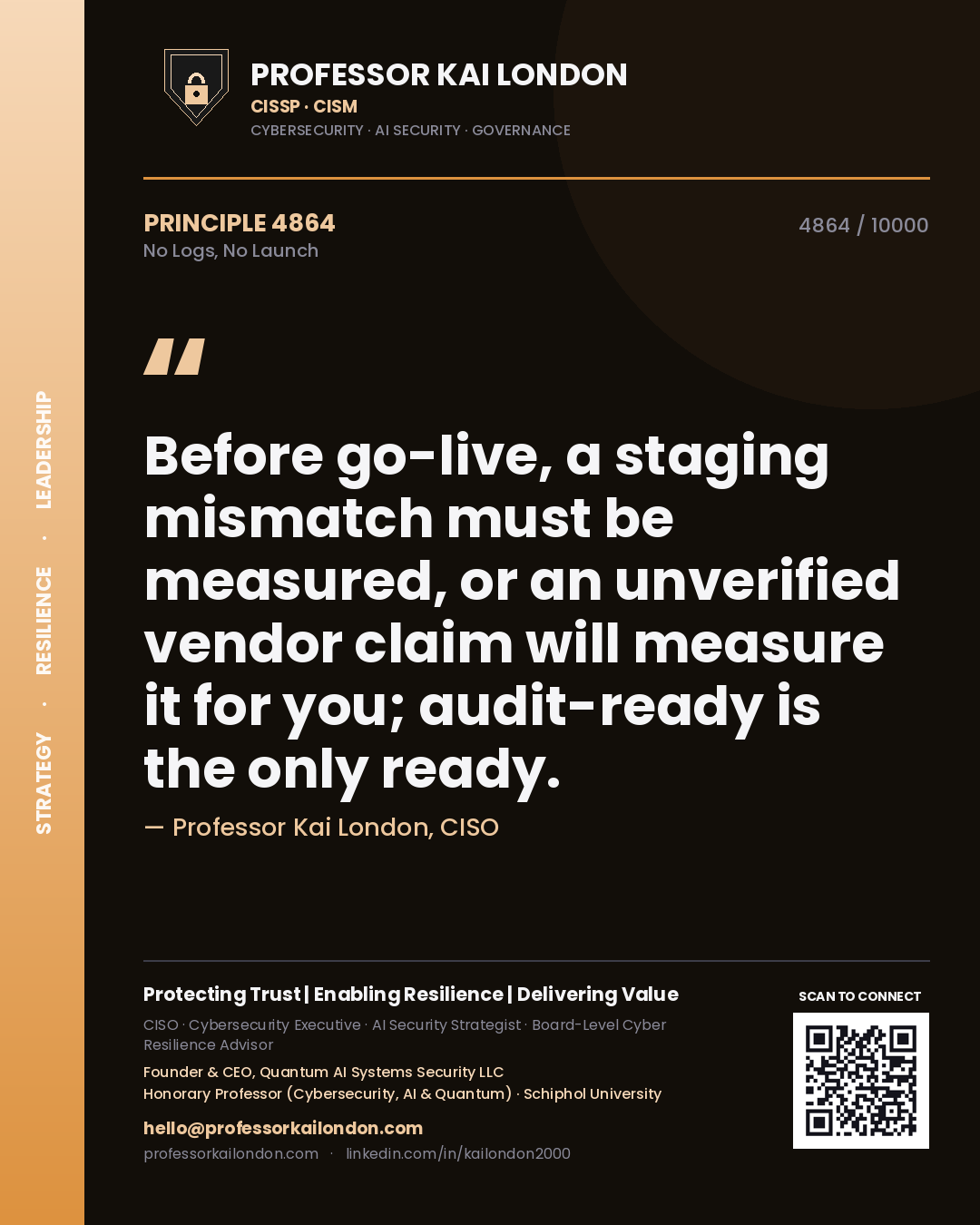 Quote card by Professor Kai London reading 'Before go-live, a staging mismatch must be measured, or an unverified vendor claim will measure it for you; audit-ready is the only ready.'. From the book No Logs, No Launch.