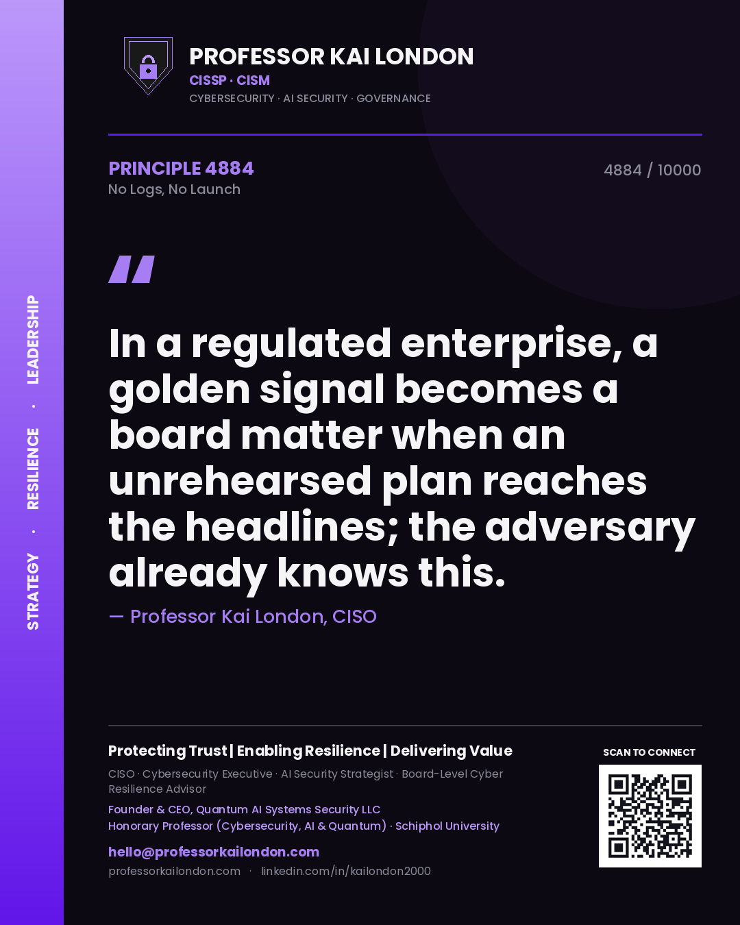 Professor Kai London principle 4884: In a regulated enterprise, a golden signal becomes a board matter when an unrehearsed plan reaches the headlines; the adversary already knows this.