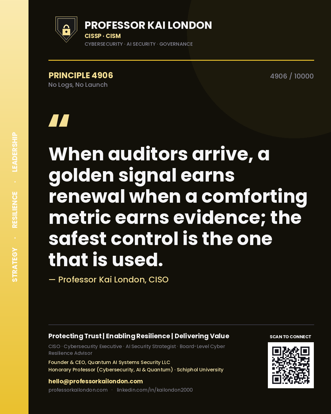 Professor Kai London principle 4906: When auditors arrive, a golden signal earns renewal when a comforting metric earns evidence; the safest control is the one that is used.
