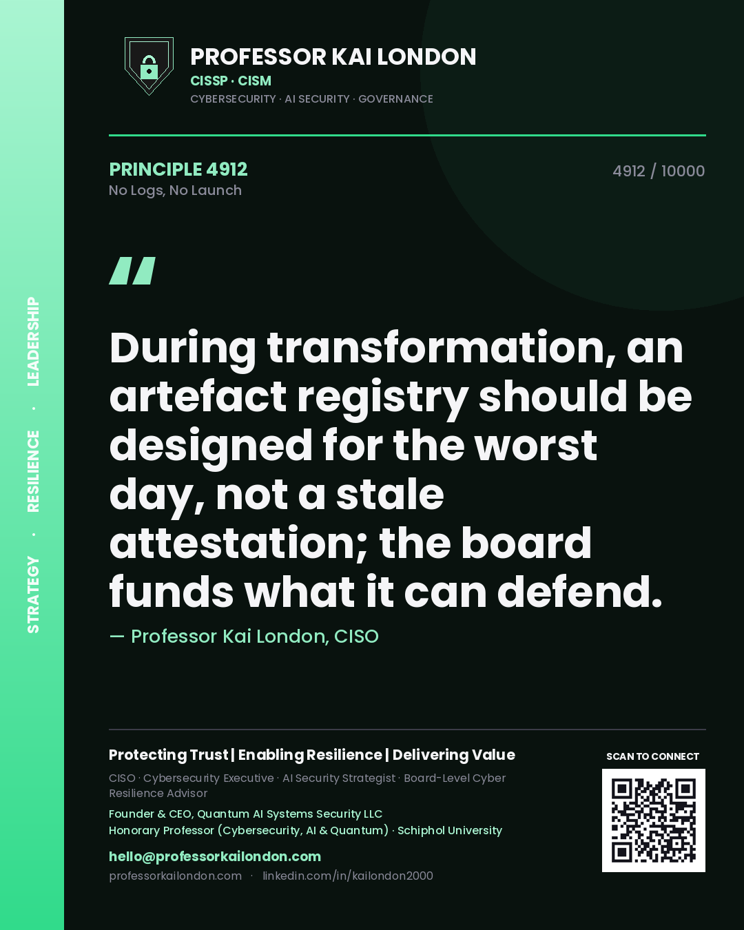 Professor Kai London principle 4912: During transformation, an artefact registry should be designed for the worst day, not a stale attestation; the board funds what it can defend.