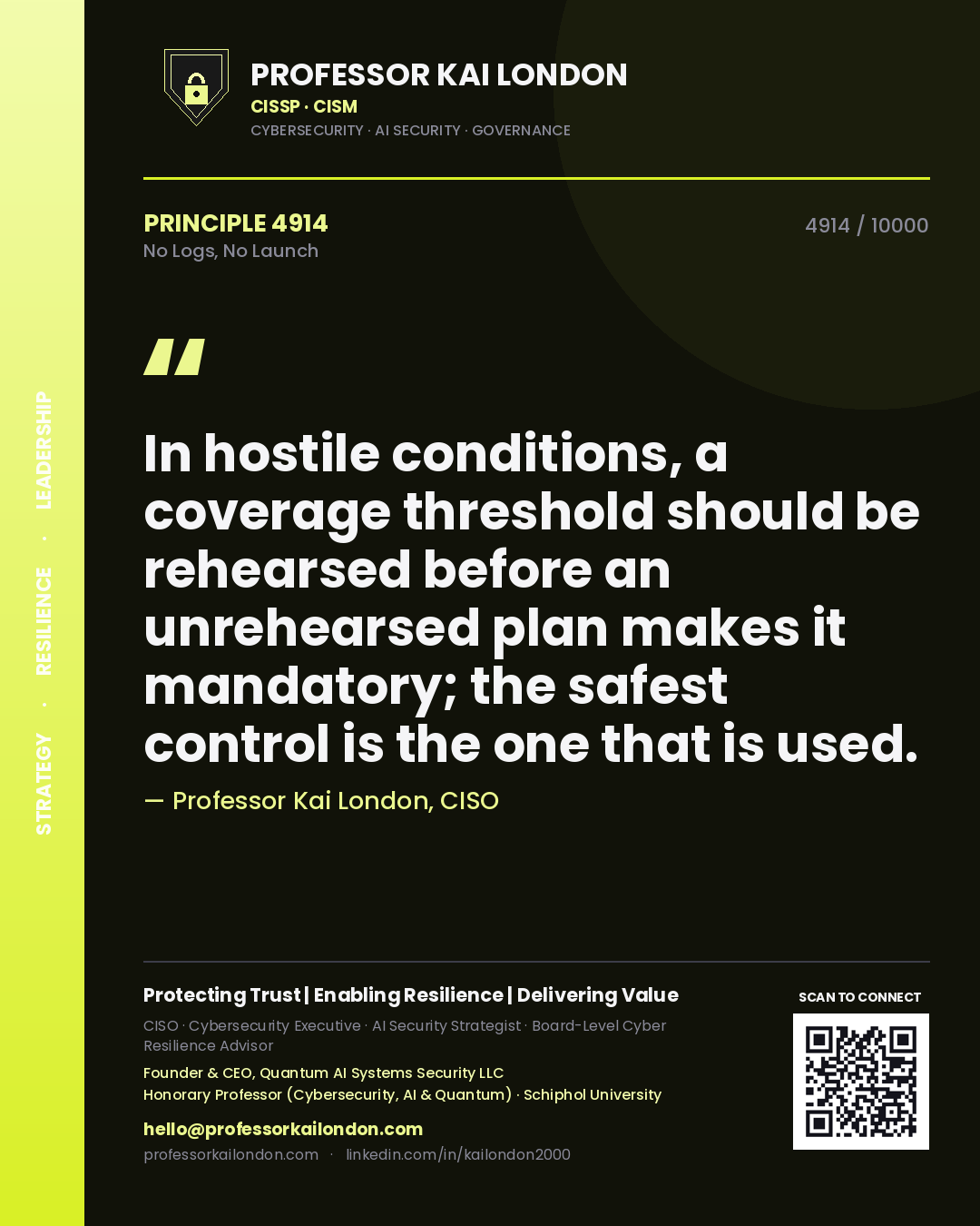 Professor Kai London principle 4914: In hostile conditions, a coverage threshold should be rehearsed before an unrehearsed plan makes it mandatory; the safest control is the one that is used.