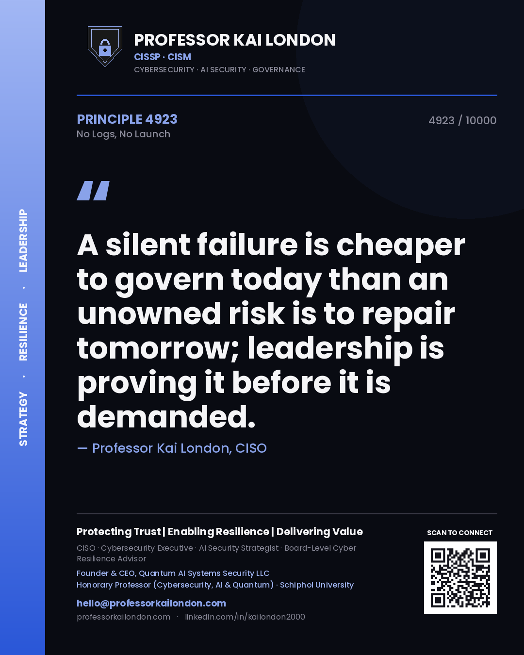 Professor Kai London principle 4923: A silent failure is cheaper to govern today than an unowned risk is to repair tomorrow; leadership is proving it before it is demanded.