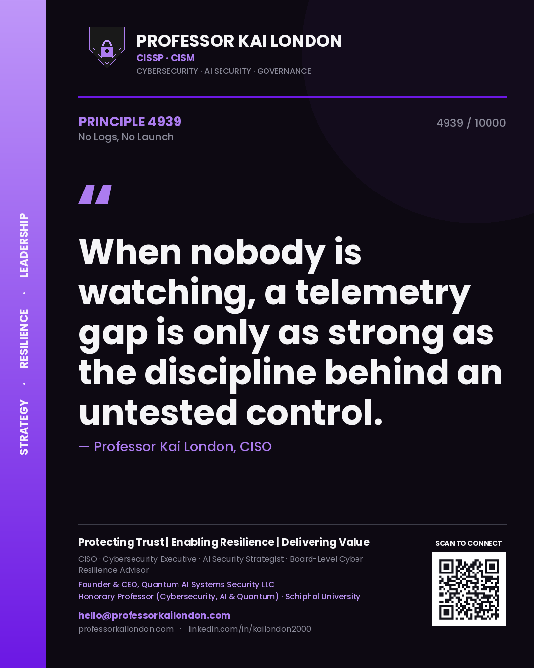 Quote card by Professor Kai London reading 'When nobody is watching, a telemetry gap is only as strong as the discipline behind an untested control.'. From the book No Logs, No Launch.