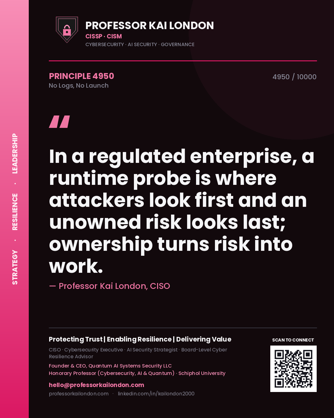 Professor Kai London principle 4950: In a regulated enterprise, a runtime probe is where attackers look first and an unowned risk looks last; ownership turns risk into work.