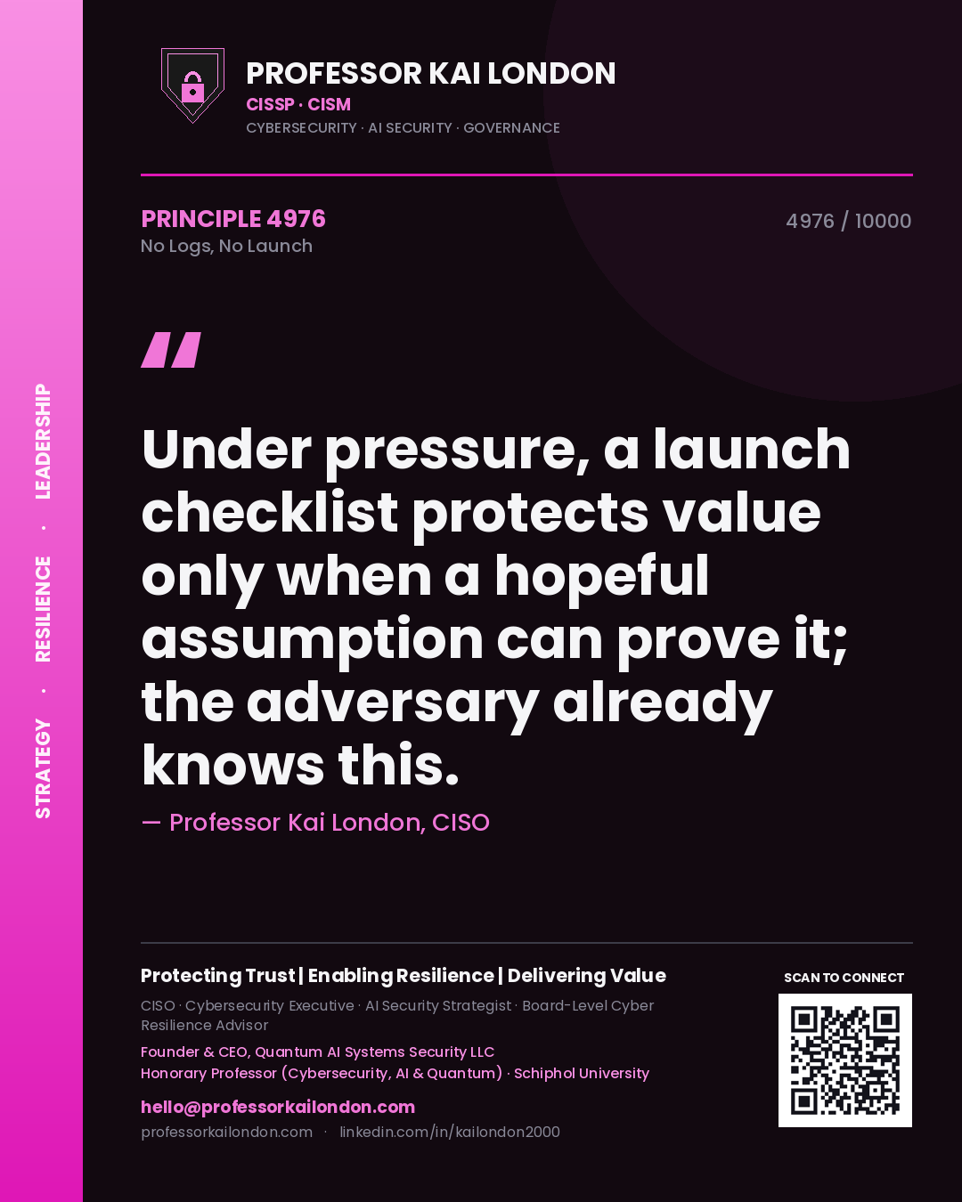 Quote card by Professor Kai London reading 'Under pressure, a launch checklist protects value only when a hopeful assumption can prove it; the adversary already knows this.'. From the book No Logs, No Launch.