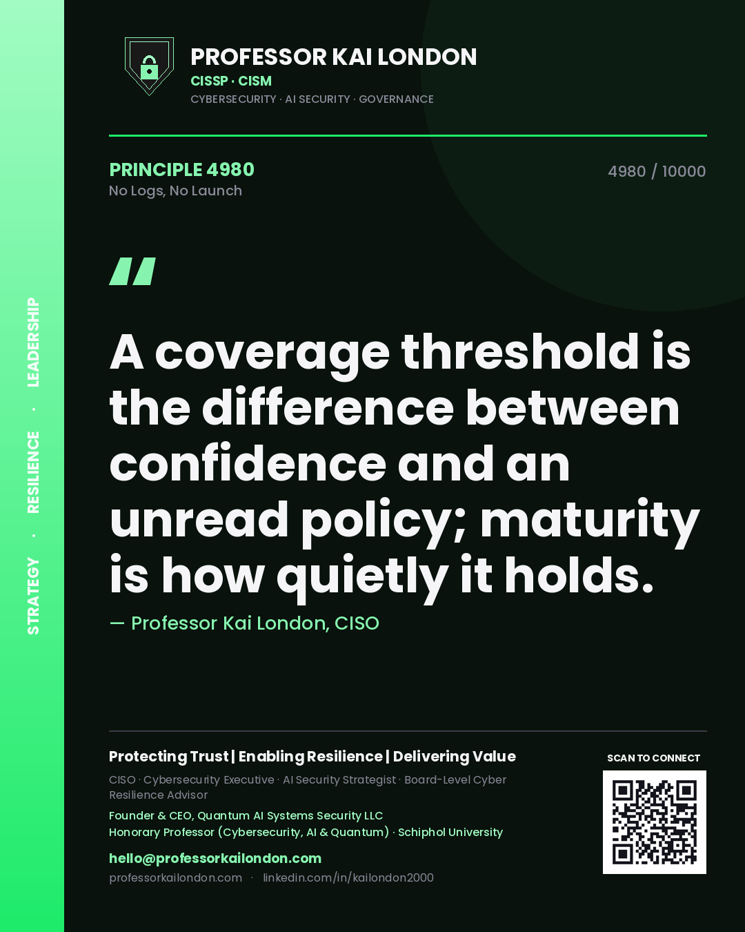 Professor Kai London principle 4980: A coverage threshold is the difference between confidence and an unread policy; maturity is how quietly it holds.