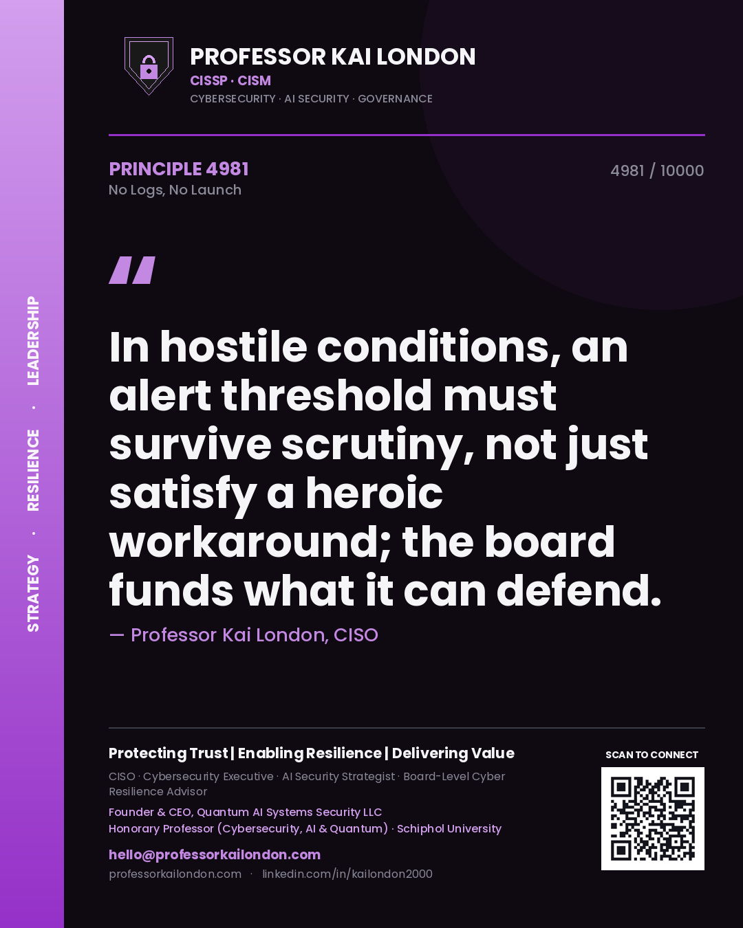 Professor Kai London principle 4981: In hostile conditions, an alert threshold must survive scrutiny, not just satisfy a heroic workaround; the board funds what it can defend.