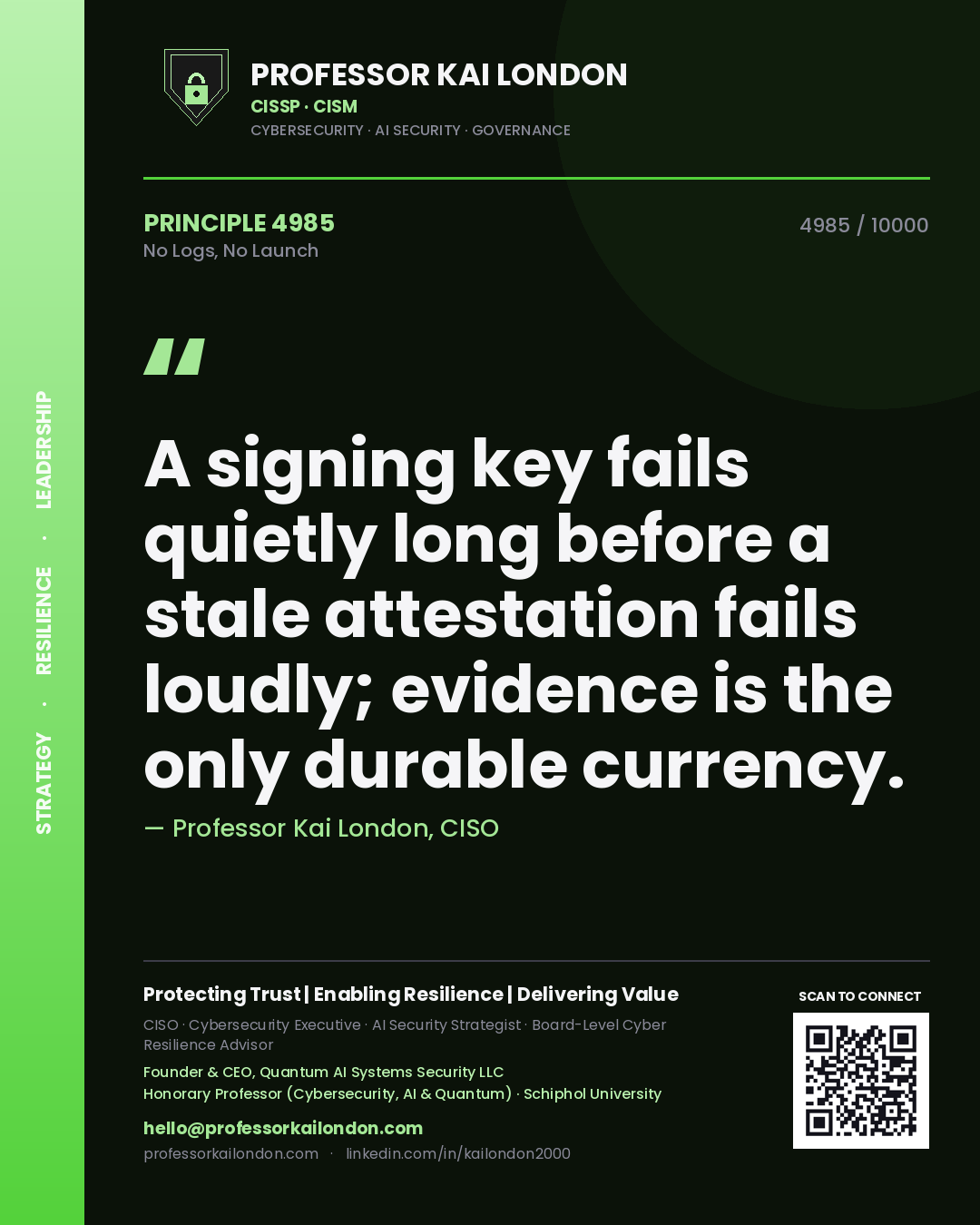 Professor Kai London principle 4985: A signing key fails quietly long before a stale attestation fails loudly; evidence is the only durable currency.