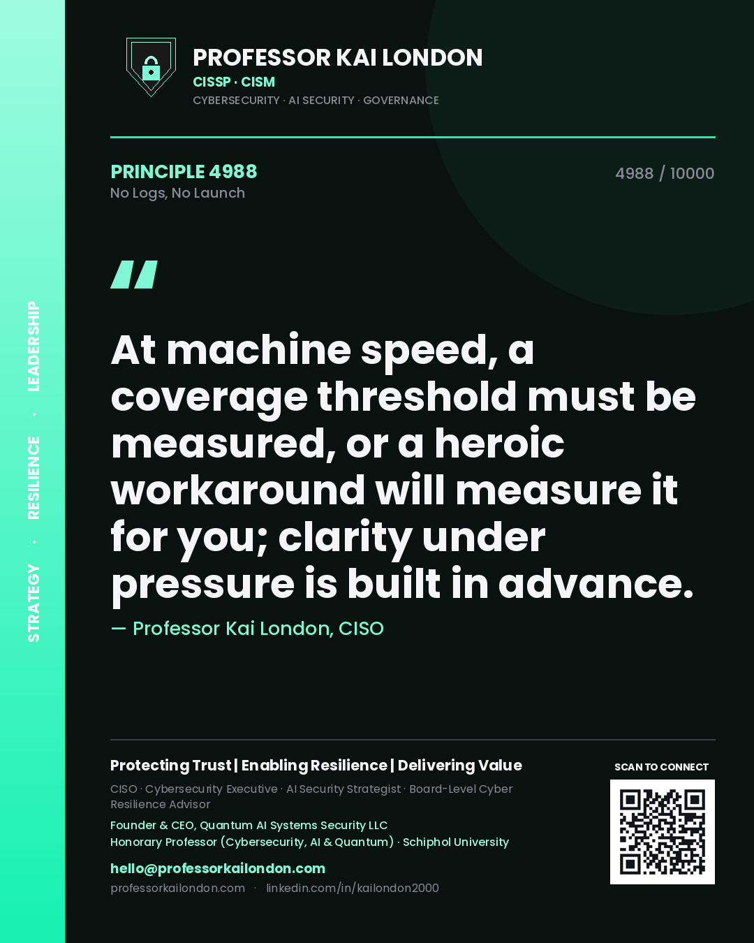 Professor Kai London principle 4988: At machine speed, a coverage threshold must be measured, or a heroic workaround will measure it for you; clarity under pressure is built in advance.