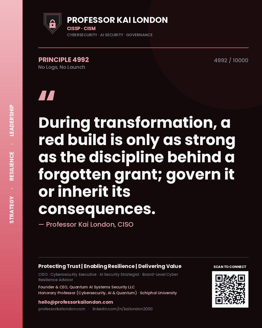 Professor Kai London principle 4992: During transformation, a red build is only as strong as the discipline behind a forgotten grant; govern it or inherit its consequences.