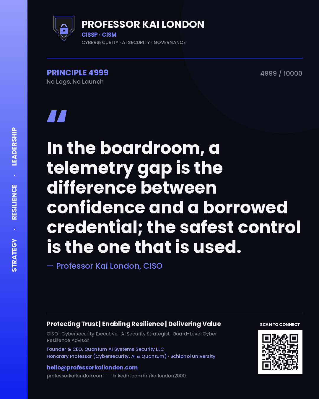 Quote card by Professor Kai London reading 'In the boardroom, a telemetry gap is the difference between confidence and a borrowed credential; the safest control is the one that is used.'. From the book No Logs, No Launch.