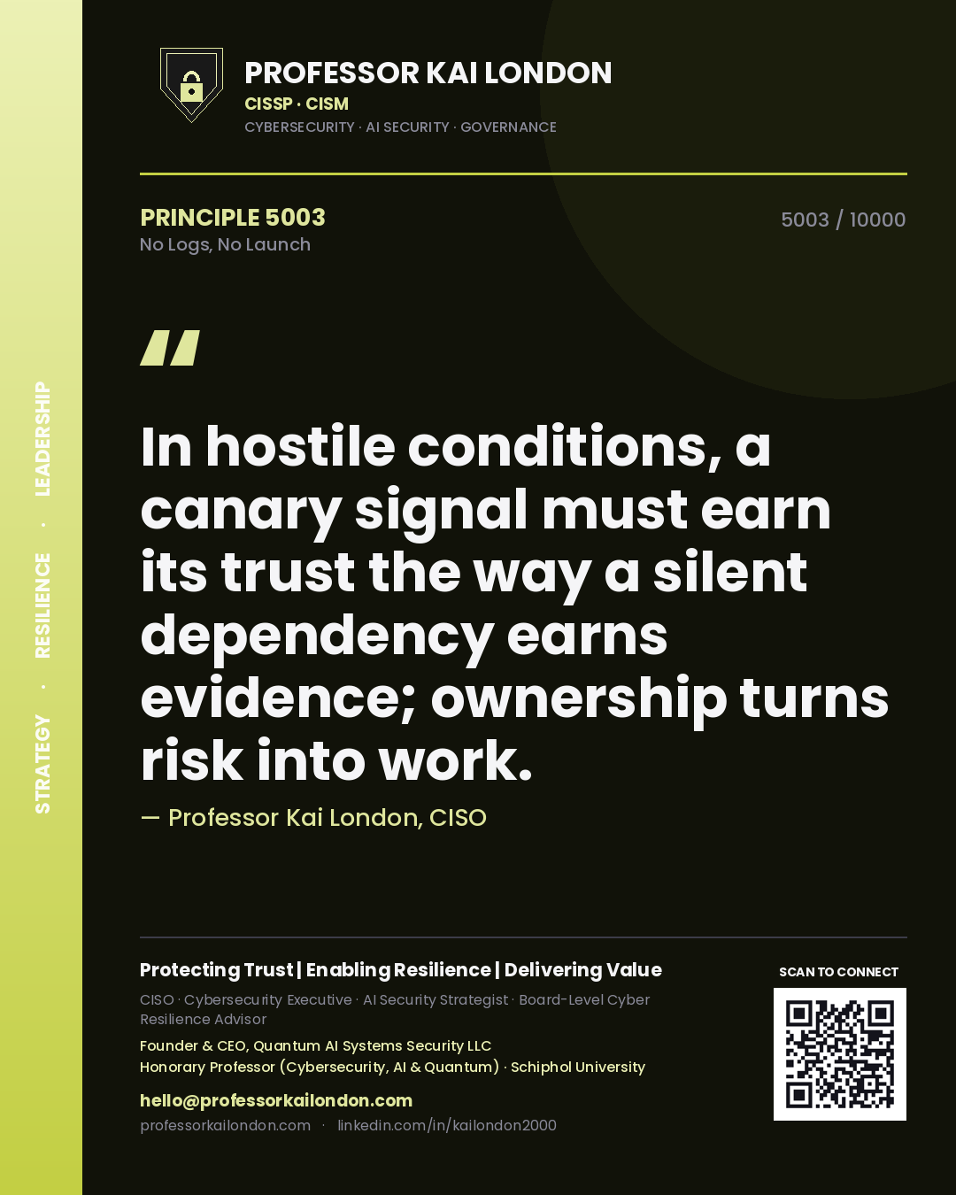 Quote card by Professor Kai London reading 'In hostile conditions, a canary signal must earn its trust the way a silent dependency earns evidence; ownership turns risk into work.'. From the book No Logs, No Launch.