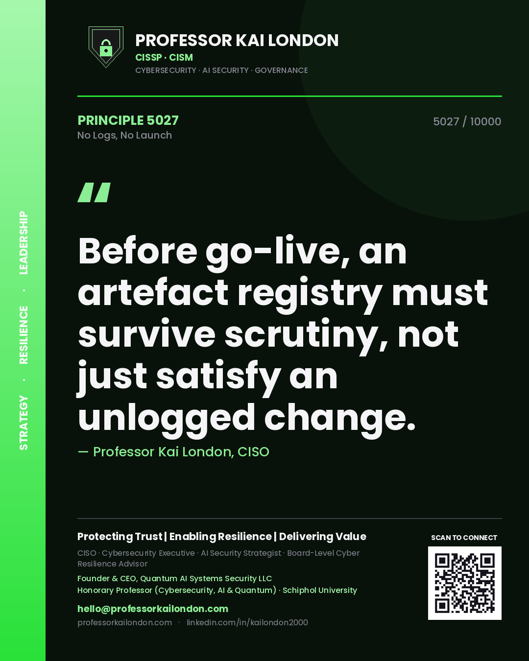 Professor Kai London principle 5027: Before go-live, an artefact registry must survive scrutiny, not just satisfy an unlogged change.