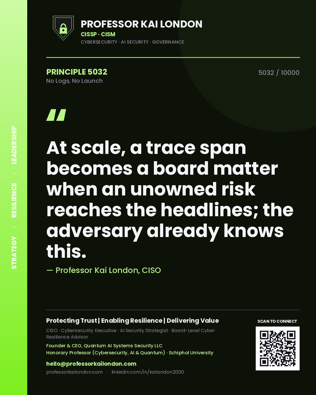 Professor Kai London principle 5032: At scale, a trace span becomes a board matter when an unowned risk reaches the headlines; the adversary already knows this.