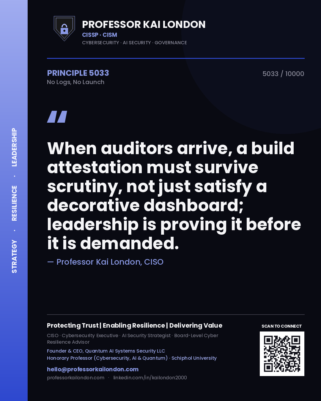 Professor Kai London principle 5033: When auditors arrive, a build attestation must survive scrutiny, not just satisfy a decorative dashboard; leadership is proving it before it is demanded.