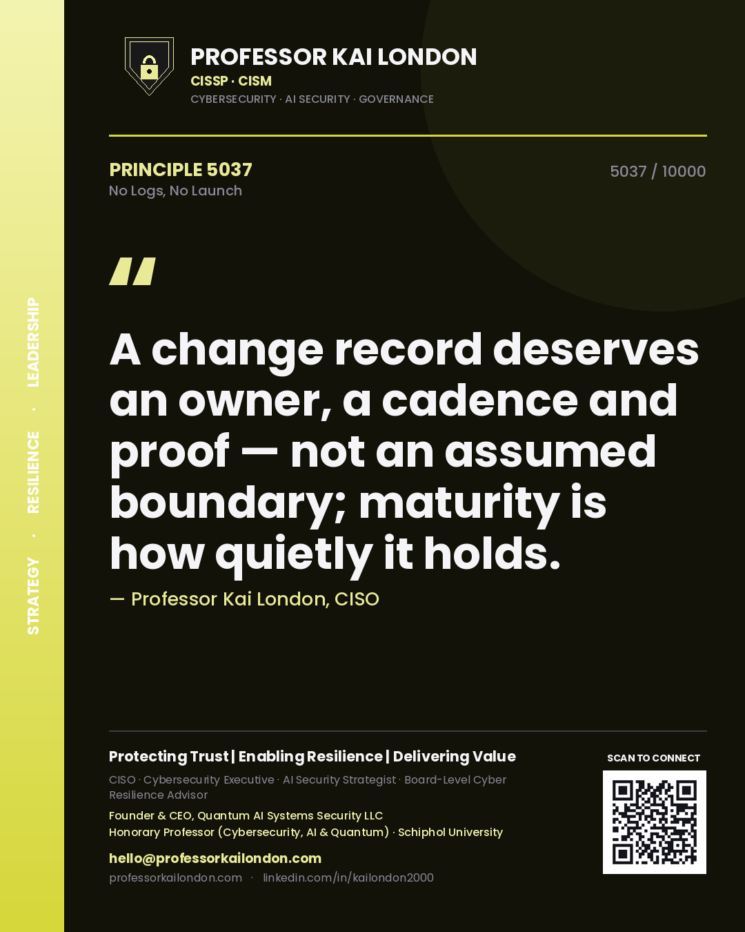 Professor Kai London principle 5037: A change record deserves an owner, a cadence and proof — not an assumed boundary; maturity is how quietly it holds.