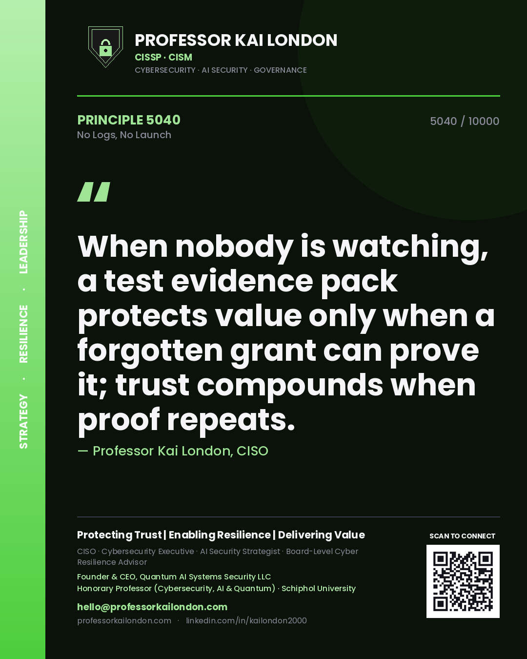 Professor Kai London principle 5040: When nobody is watching, a test evidence pack protects value only when a forgotten grant can prove it; trust compounds when proof repeats.