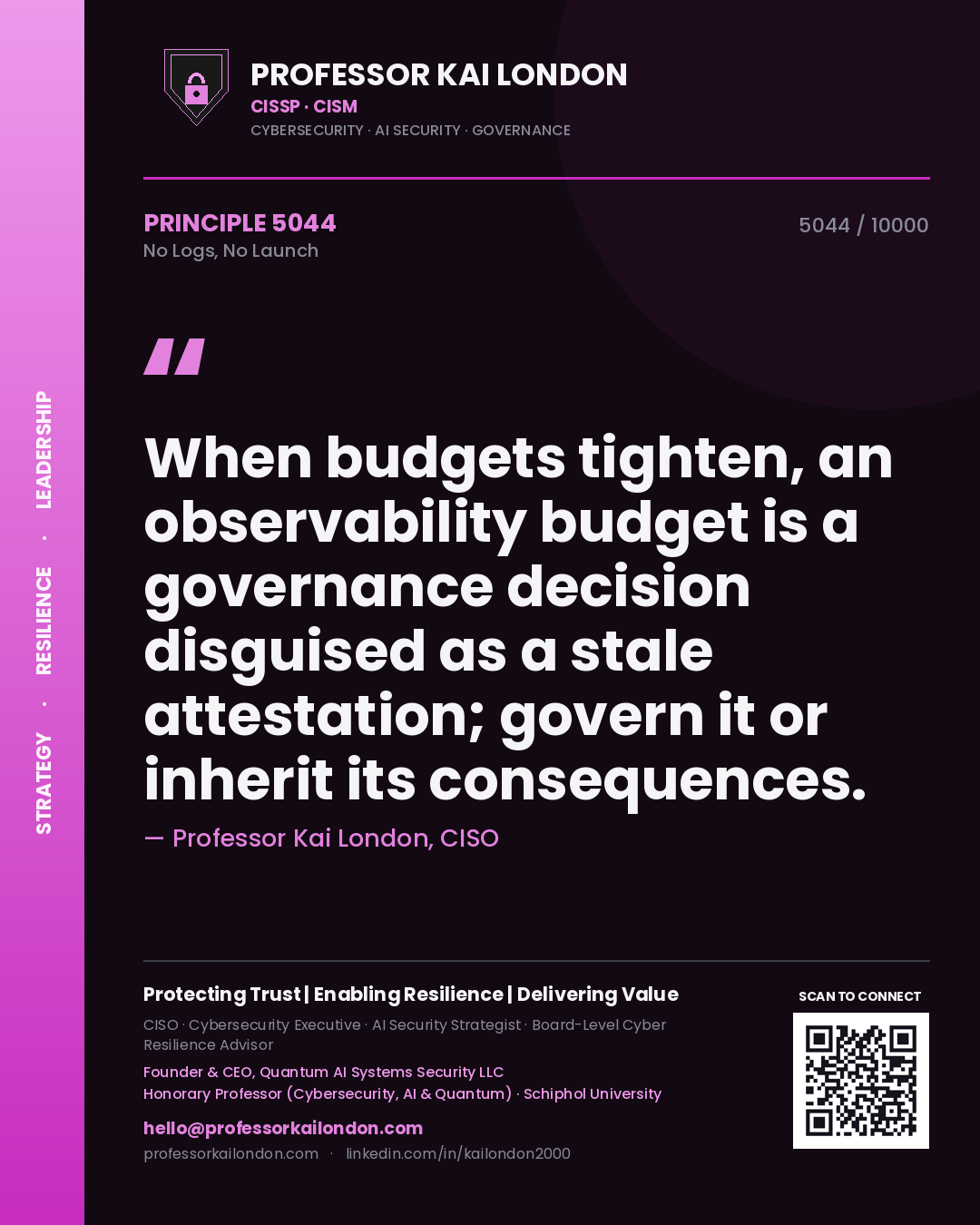 Professor Kai London principle 5044: When budgets tighten, an observability budget is a governance decision disguised as a stale attestation; govern it or inherit its consequences.