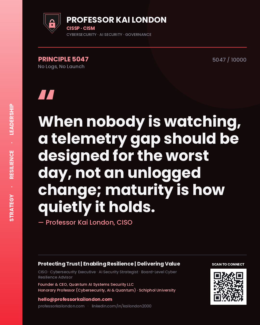 Professor Kai London principle 5047: When nobody is watching, a telemetry gap should be designed for the worst day, not an unlogged change; maturity is how quietly it holds.