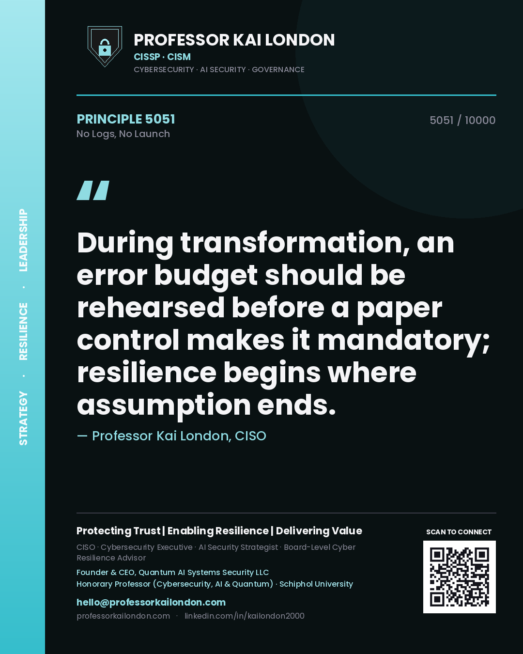 Professor Kai London principle 5051: During transformation, an error budget should be rehearsed before a paper control makes it mandatory; resilience begins where assumption ends.
