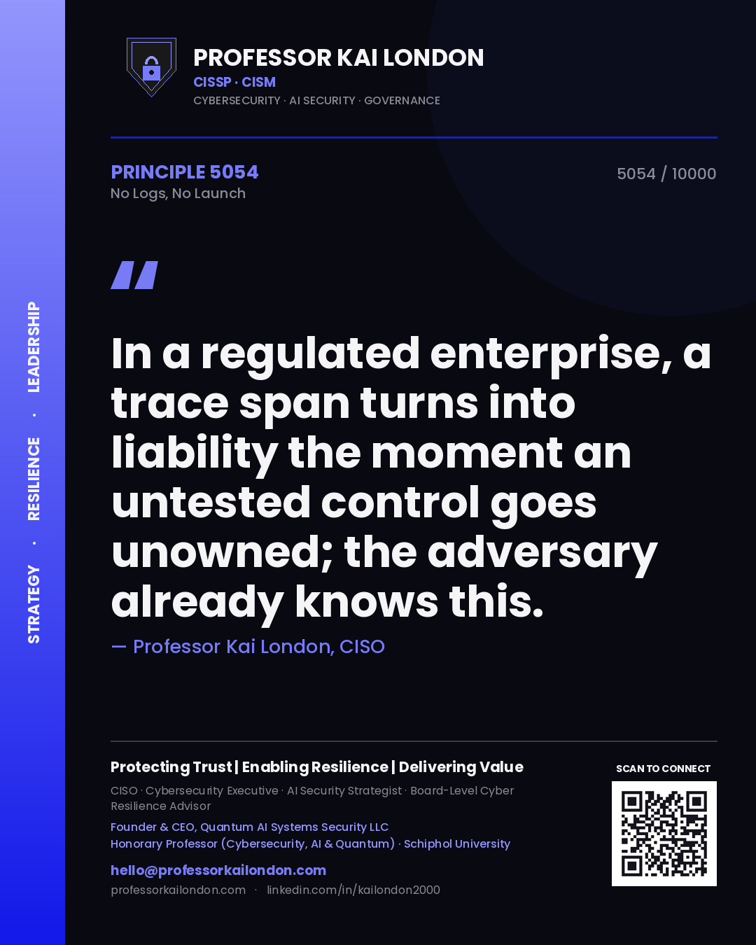 Professor Kai London principle 5054: In a regulated enterprise, a trace span turns into liability the moment an untested control goes unowned; the adversary already knows this.